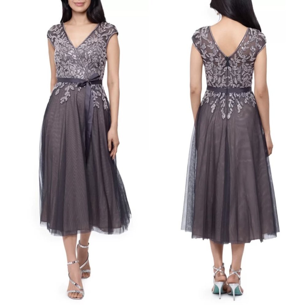 NEW XSCAPE Beaded Tulle Fit & Flare Cocktail Dress Sz. 8